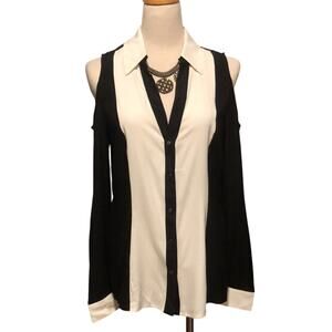 Cache Black White Cold Shoulder Cut Out Charm Cargo Top Silk Stretch $118 NWT